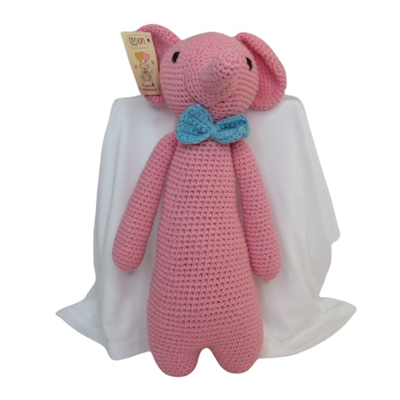 Oybon Crochet Handmade Pink Elephant With A Blue Tie Bow - Picture 1 of 6